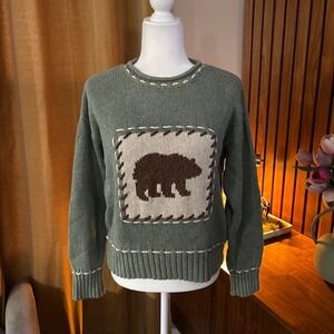 Timberlea Sage Green Bear Intarsia Knit Sweater Blanket Stitch Ramie Cotton S